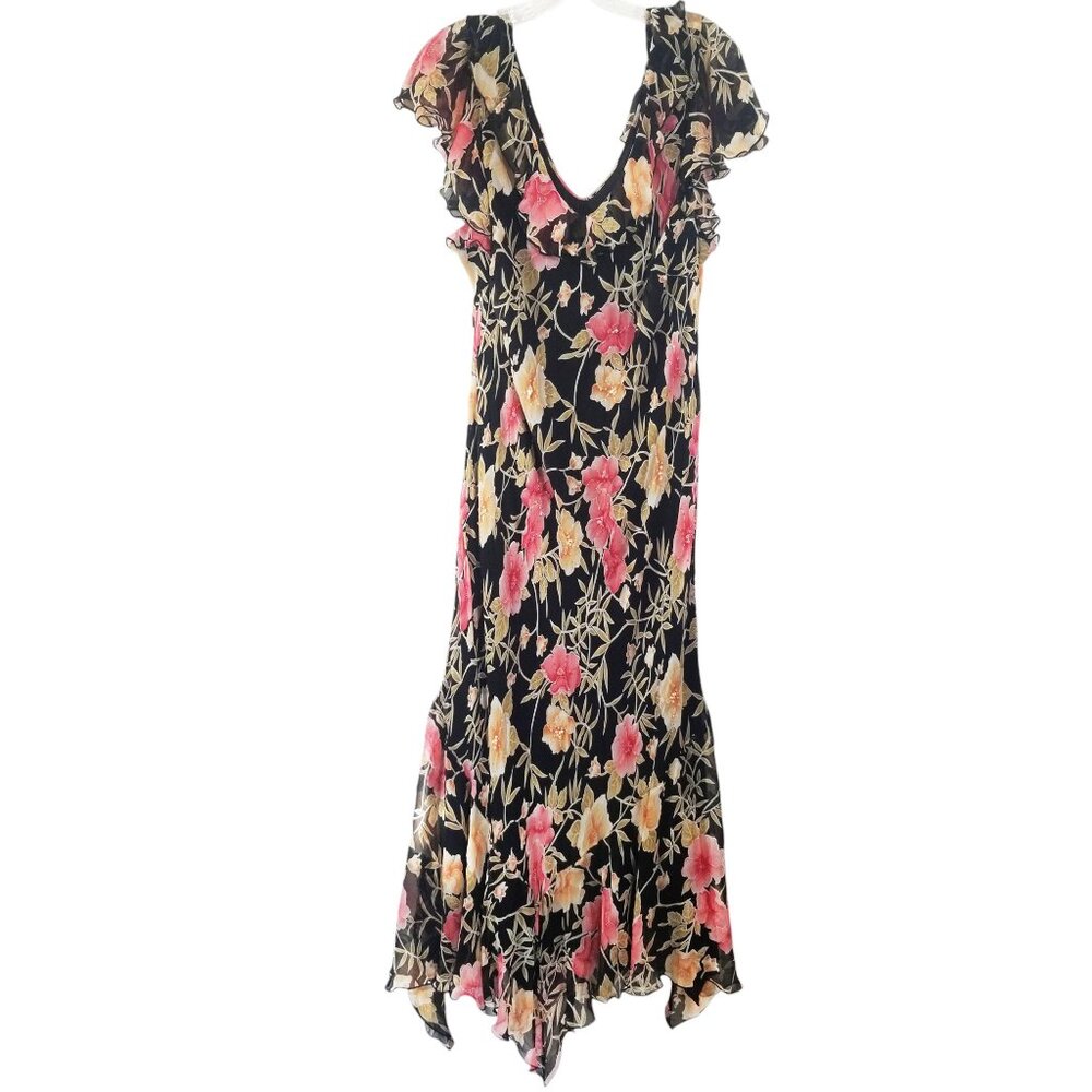 Robbie Bee Silk Chiffon Dress w/ Sparkly Sequins Pink Floral on Black - Bias Cut
